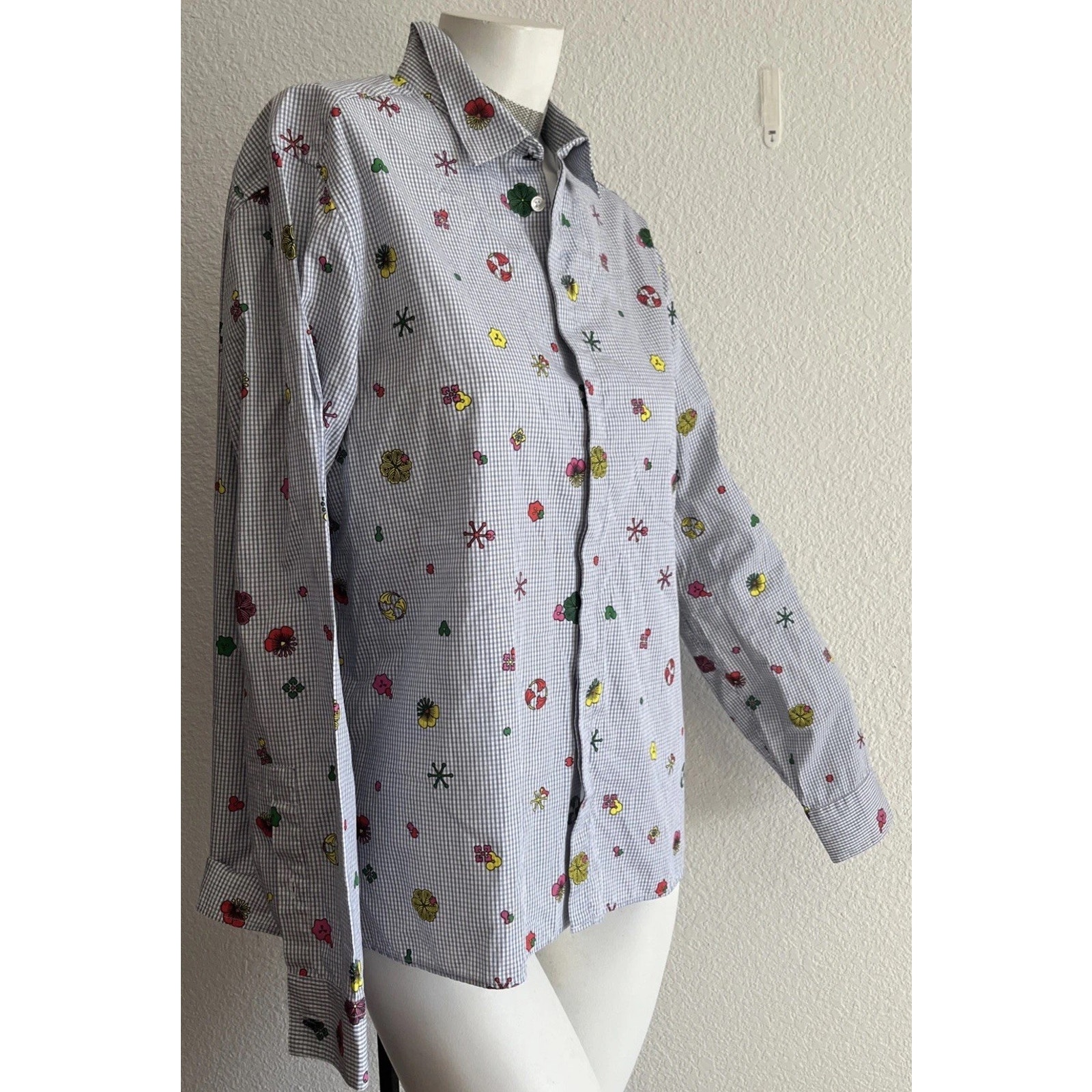Kenzo Men’s Button Down Shirt Size 44 | Printed Check Floral Cotton